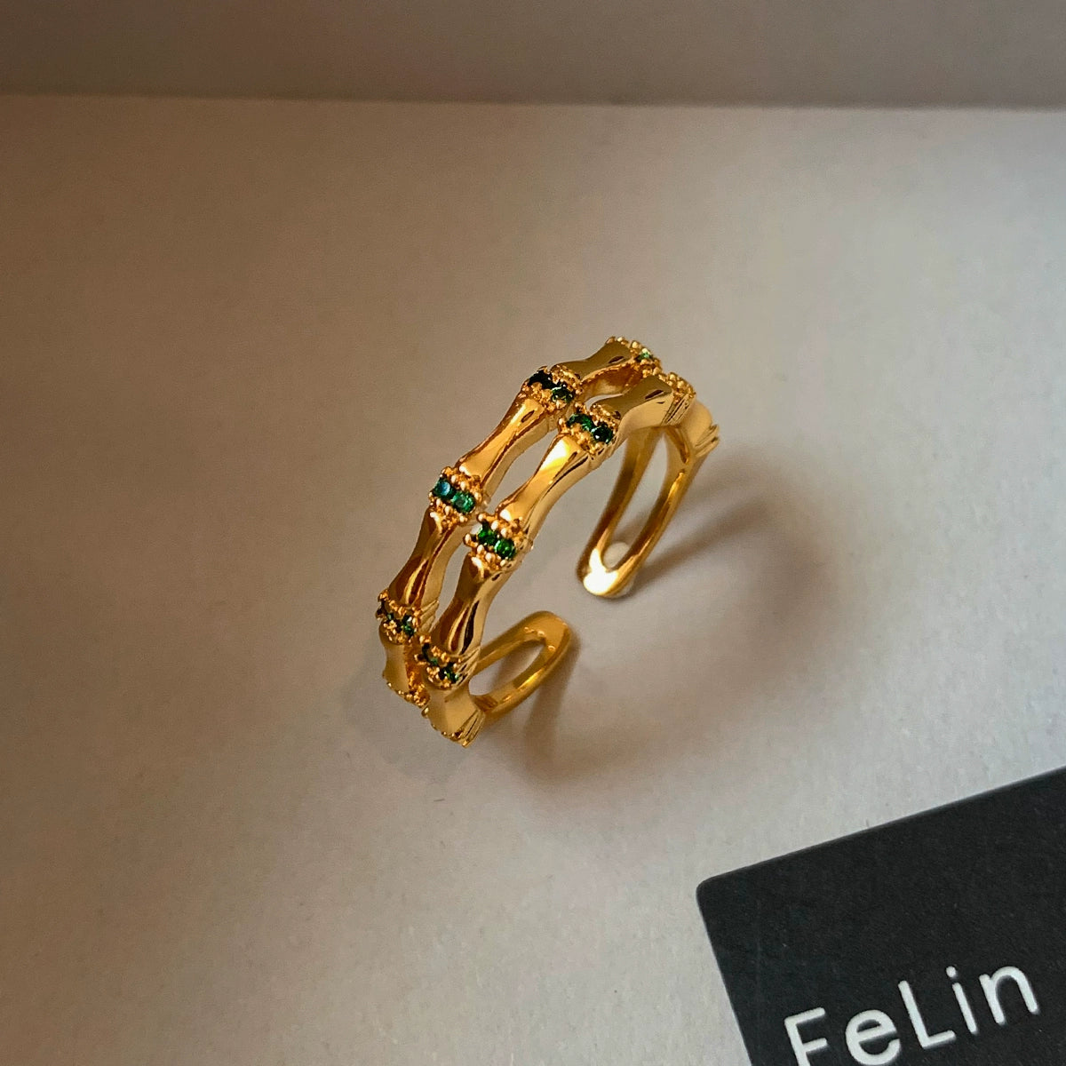 Emerald white diamond zircon opening adjustable bamboo ring women's light luxury exquisite fashion high sense middle index finger