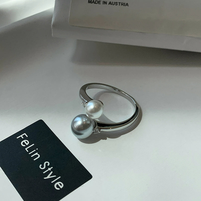 French Aurora Australian White Grey Twist Open Pearl Ring Women's Fashion Personality Exquisite Light Luxury Niche Jewelry