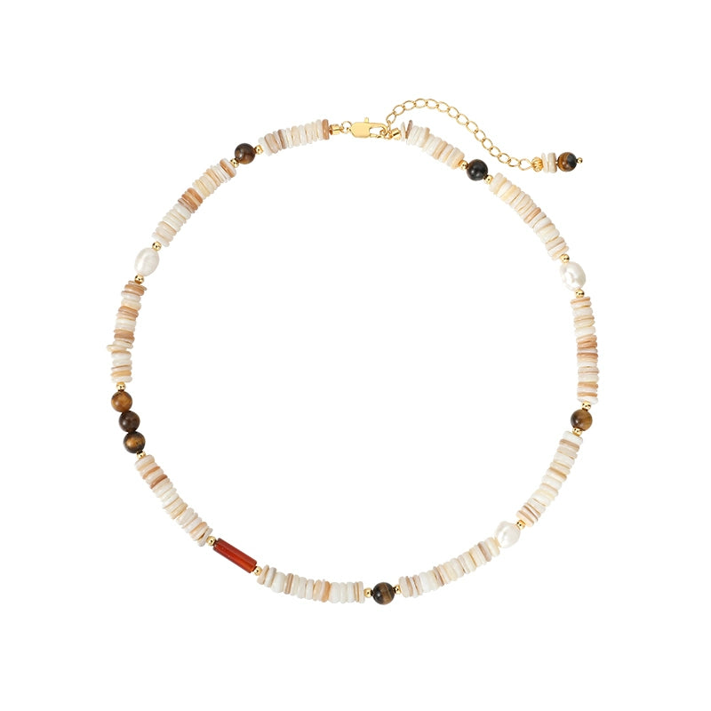 Natural freshwater pearl colored shell tiger's eye stone beaded necklace women's light luxury niche 2025 new sweater neck chain