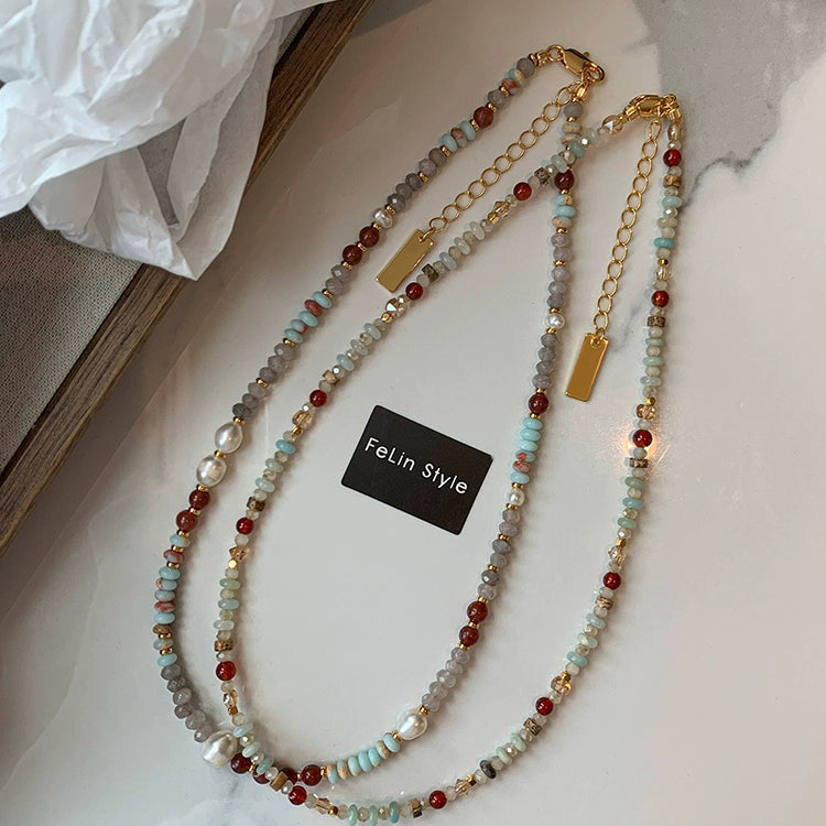 Natural stone white butterfly shell light blue beaded necklace women's high-end light luxury niche high-end 2025 new neck chain