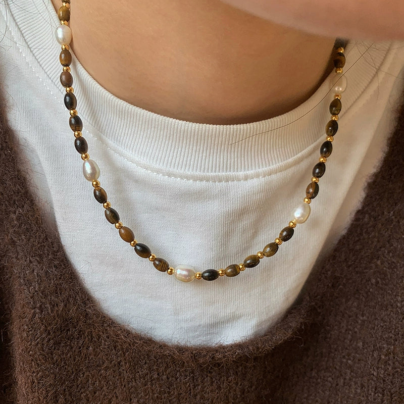 Maillard natural tiger's eye stone beaded pearl necklace women's high-end sweater accessories high-end 2025 new neck chain