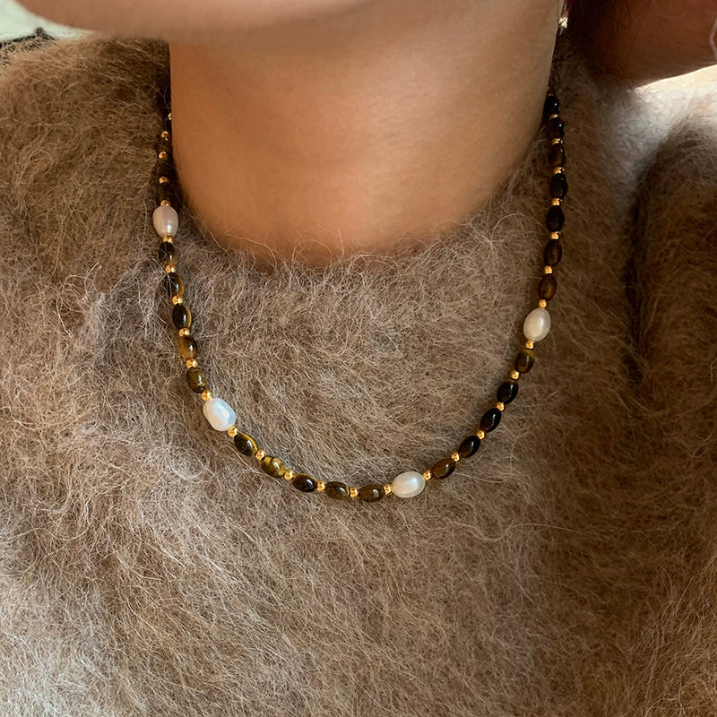 Maillard natural tiger's eye stone beaded pearl necklace women's high-end sweater accessories high-end 2025 new neck chain