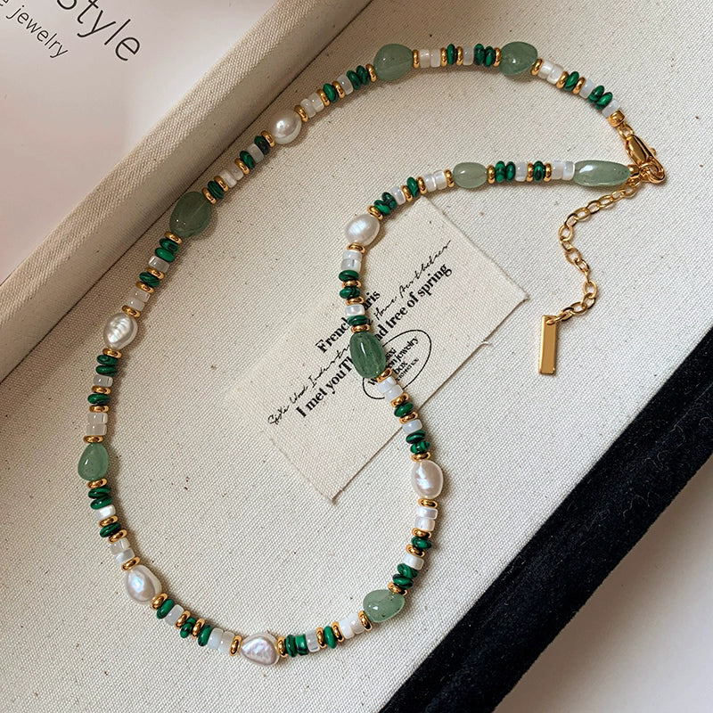 Natural pearl peacock stone green beaded necklace women's accessories light luxury niche 2025 new sweater chain neck chain