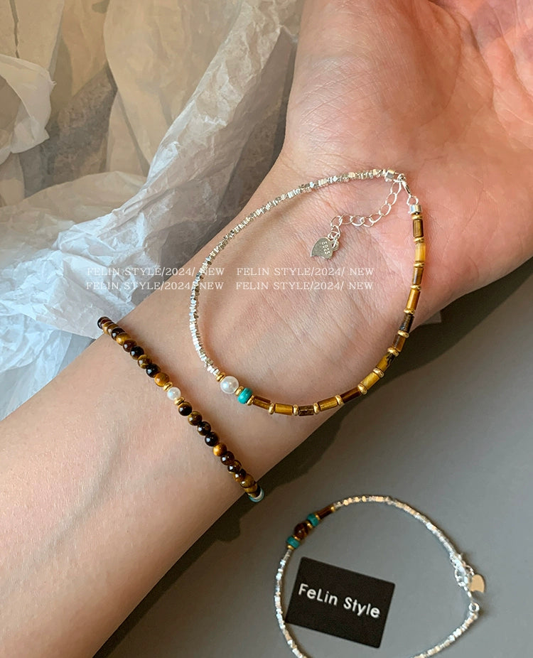 Sterling Silver Broken Silver Maillard Wear Natural Tiger's Eye Stone Bracelet Women's Light Luxury Niche Exquisite 2025 New Bracelet
