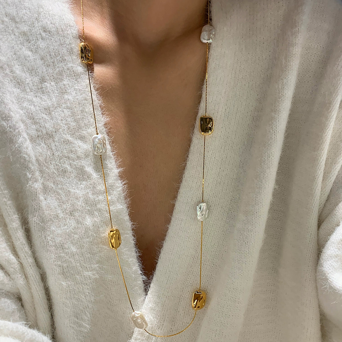 Natural Baroque Pearl Necklace Women's Accessories European and American French Light Luxury High Sense Niche Unique Long Sweater Chain