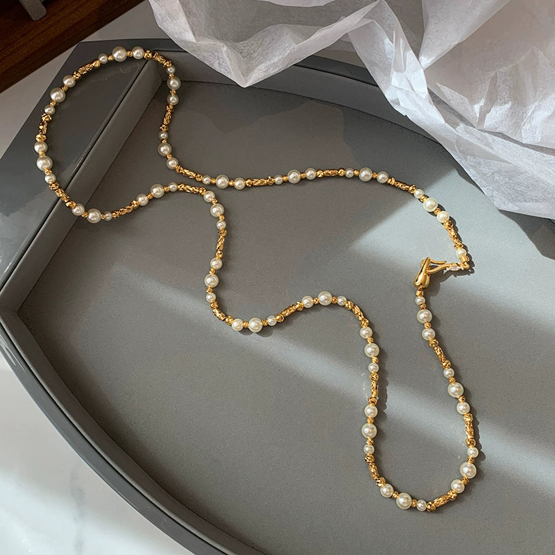 Maduo hemp gray gypsy French long pearl necklace women's light luxury niche double-layer stacked collarbone chain neck chain