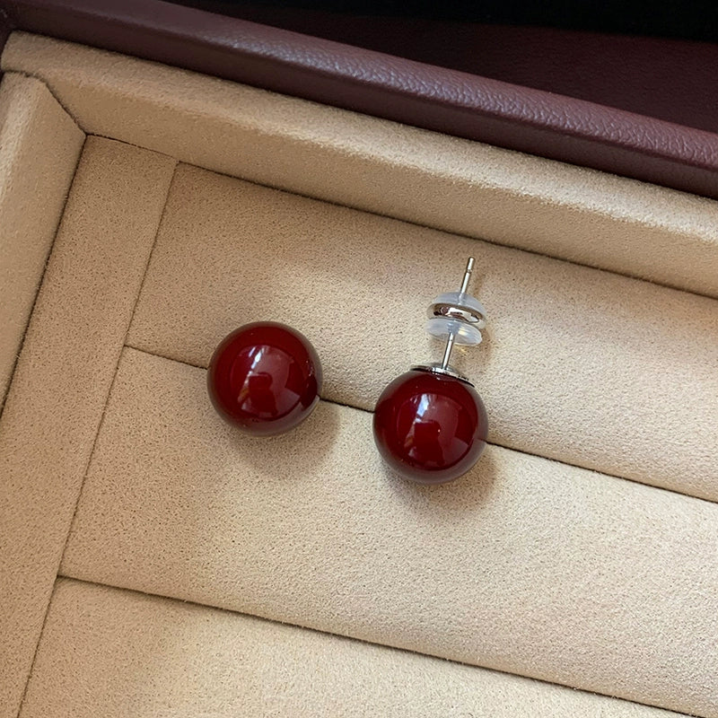 S925 silver needle red stud earrings women are suitable for Chinese New Year jewelry 2025 new high-end red pearl earrings earrings