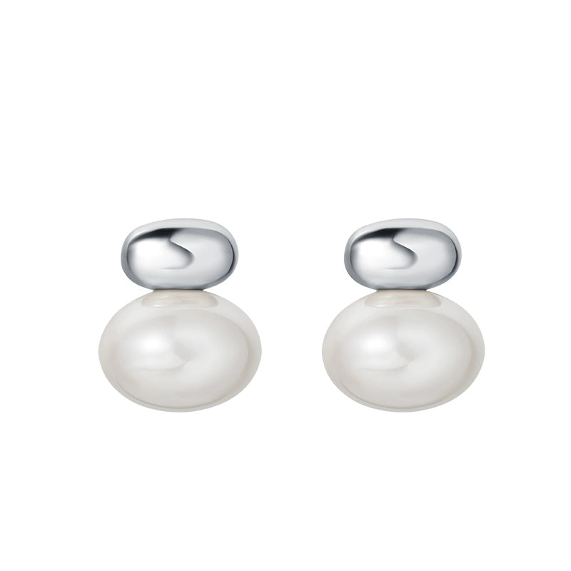 S925 silver needle flat steamed bread big pearl stud earrings women's light luxury niche design sense high-end unique earrings earrings