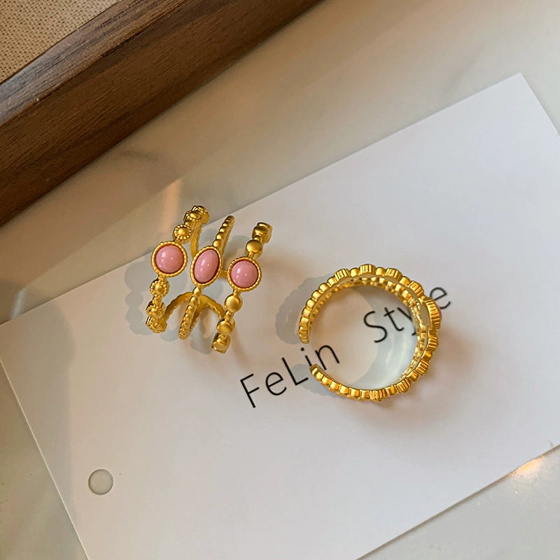 European, American retro medieval Egyptian style multi-layer stacking wearing pink natural stone open ring women's light luxury exquisite high sense