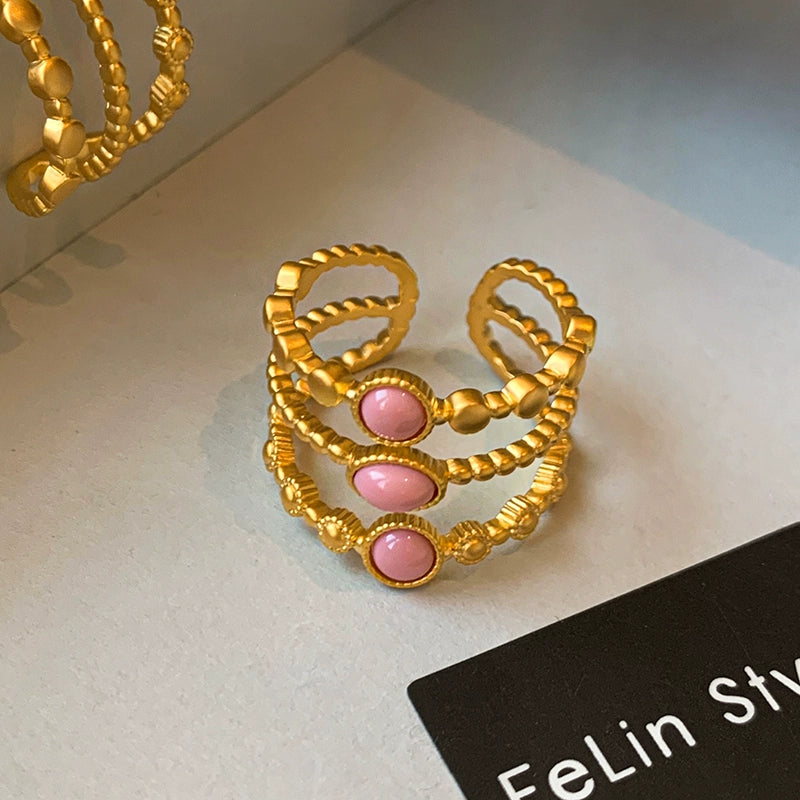 European, American retro medieval Egyptian style multi-layer stacking wearing pink natural stone open ring women's light luxury exquisite high sense