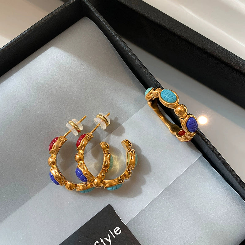 European and American French medieval colored gemstones, middle finger index finger ring, women's fashion personality, light luxury, niche, exquisite and advanced sense