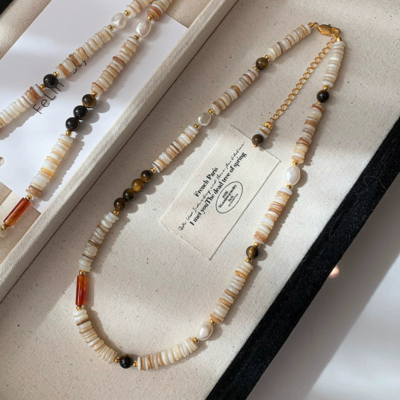 Natural freshwater pearl colored shell tiger's eye stone beaded necklace women's light luxury niche 2025 new sweater neck chain