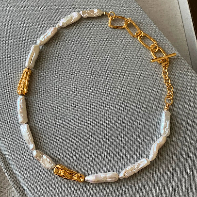 Natural freshwater baroque toothpick pearl necklace women's light luxury niche French retro high-end clavicle chain neck chain