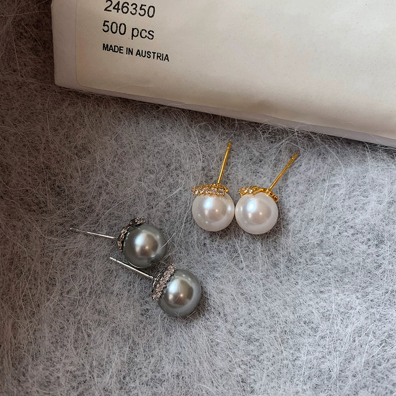 French real hemp silver gray Australian white diamond-encrusted pearl stud earrings women's 2025 new popular high-end earrings earrings