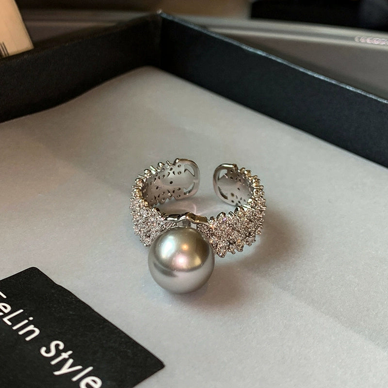 French Australian white gray pearl ring women's opening adjustable 2025 new high-end niche exquisite index finger middle finger