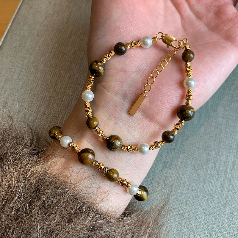 Original natural tiger's eye stone pearl bracelet for girls 2025 new light luxury niche high-end exquisite bracelet jewelry