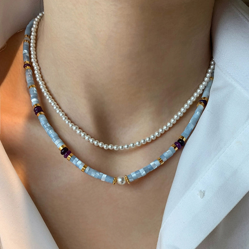 Natural stone white butterfly shell light blue beaded necklace women's high-end light luxury niche high-end 2025 new neck chain