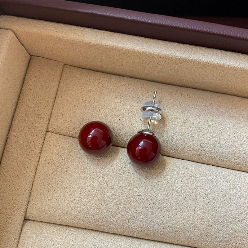 S925 silver needle red stud earrings women are suitable for Chinese New Year jewelry 2025 new high-end red pearl earrings earrings