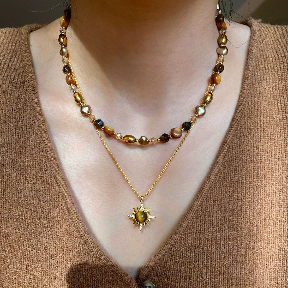 Natural Tiger's Eye Stone Necklace Women's High-end Long Sweater Chain Double Layer Stacked Wear Maillard Accessories Light Luxury Niche Premium