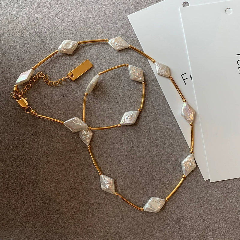 European and American French natural freshwater rhombus irregular baroque pearl necklace women's light luxury niche high-end neck chain