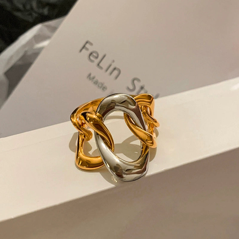 Unique design European and American gold and silver splicing chain middle finger index finger ring women's fashion personality exquisite light luxury high sense