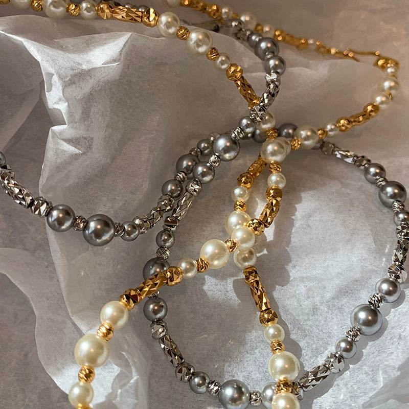 Maduo hemp gray gypsy French long pearl necklace women's light luxury niche double-layer stacked collarbone chain neck chain