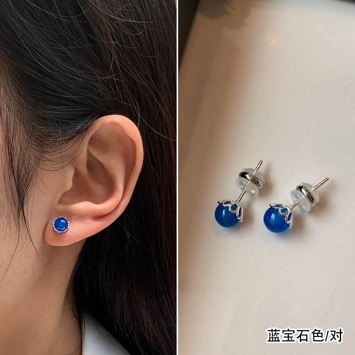 S999 sterling silver natural red and blue gemstone turquoise earrings women's small exquisite ear hole earrings 2025 new