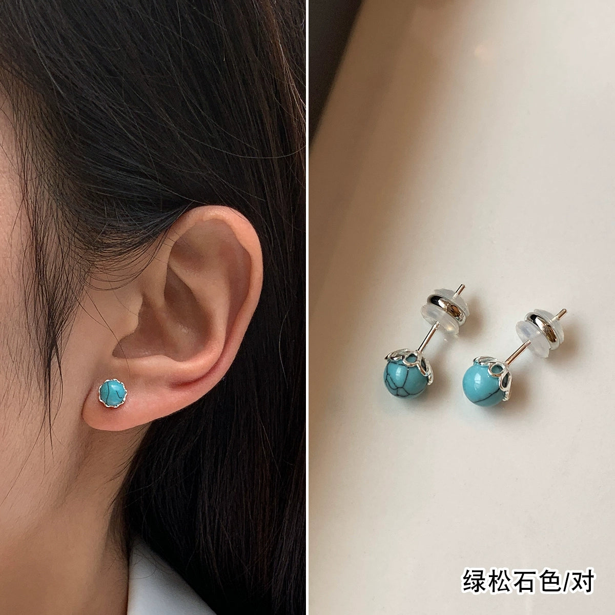 S999 sterling silver natural red and blue gemstone turquoise earrings women's small exquisite ear hole earrings 2025 new