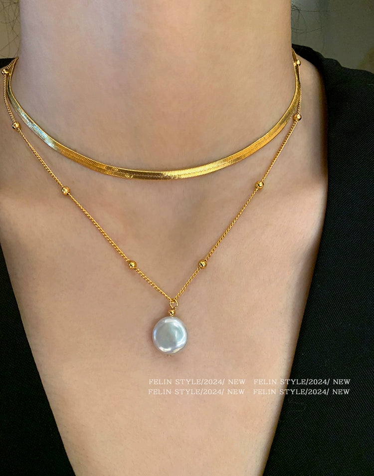 Natural freshwater baroque pearl pendant necklace women's accessories double-layer stacked snake bone chain 2025 new collarbone chain