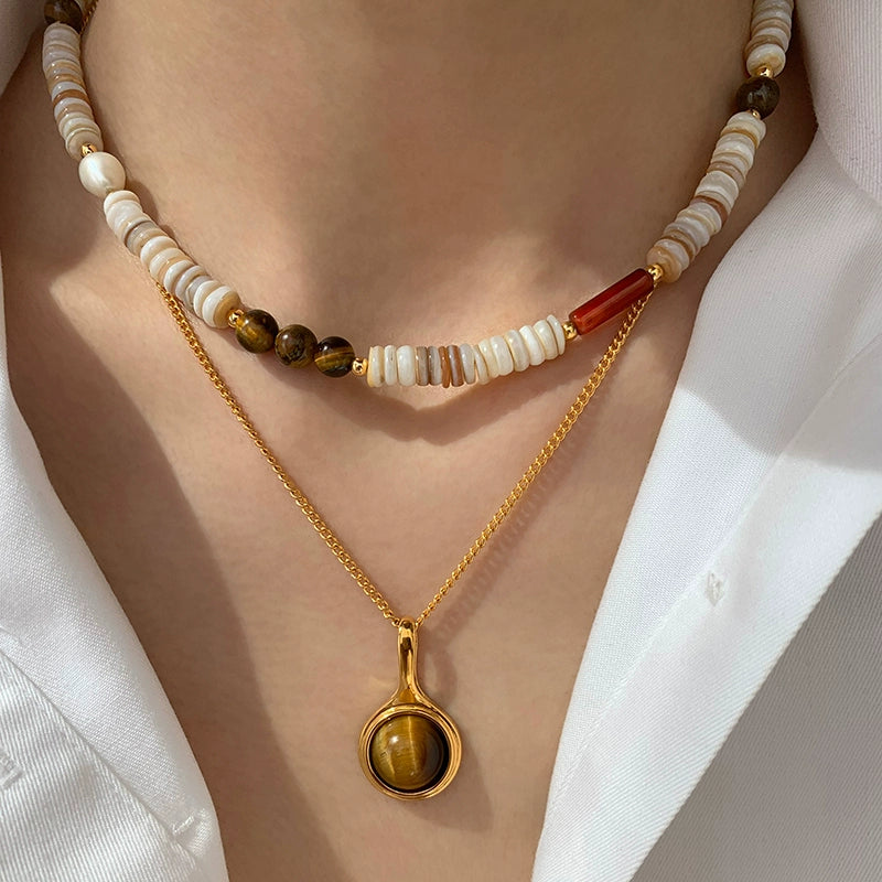 Natural freshwater pearl colored shell tiger's eye stone beaded necklace women's light luxury niche 2025 new sweater neck chain