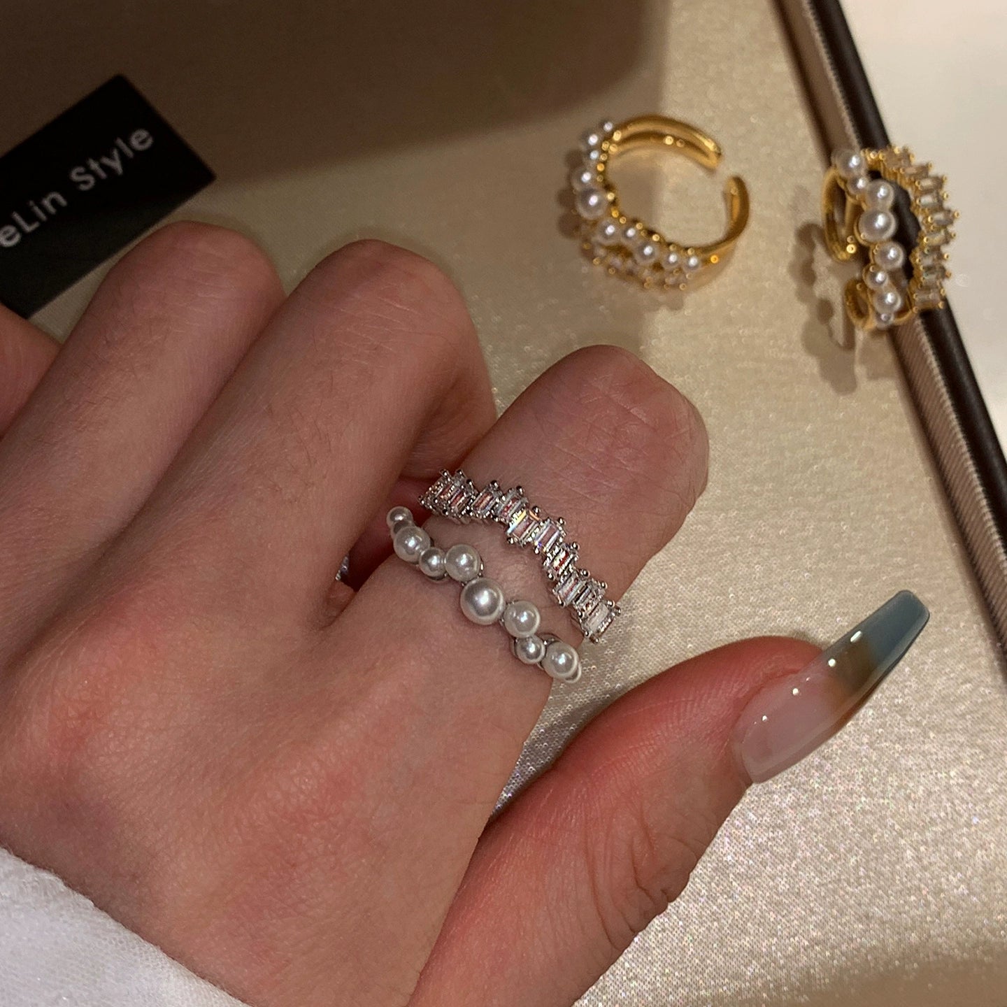 Super flash double-layer pearl full of diamonds, zircon open index finger, middle finger ring for women, adjustable light luxury niche design stacked
