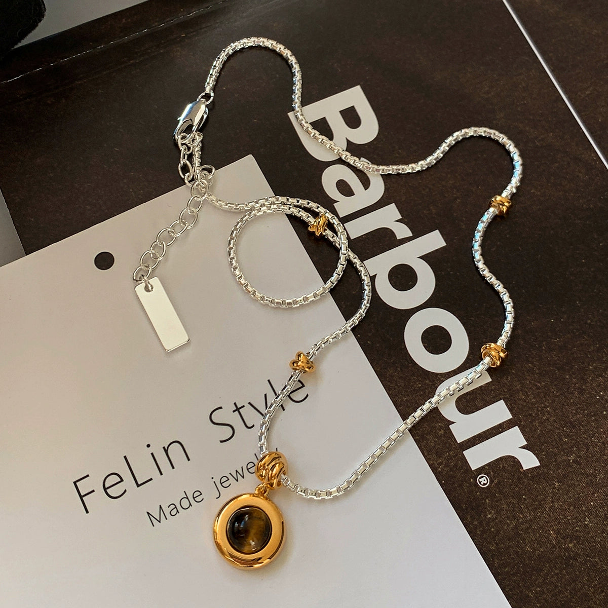 Natural tiger's eye stone pendant gold and silver color matching beaded necklace women's sweater chain accessories 2025 new high-end neck chain