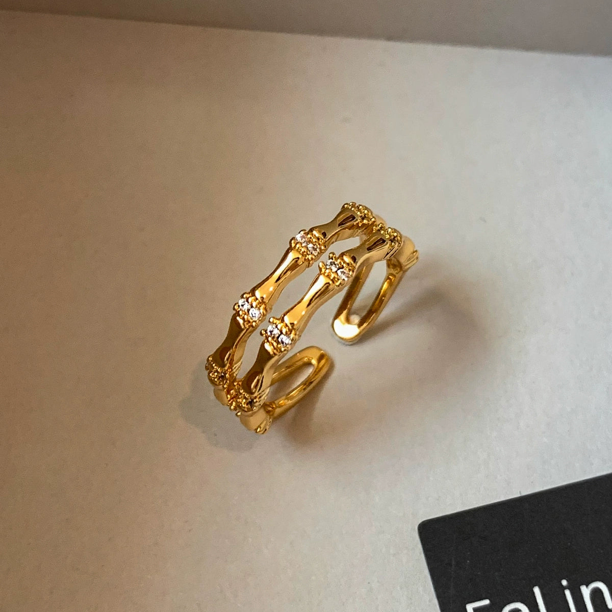 Emerald white diamond zircon opening adjustable bamboo ring women's light luxury exquisite fashion high sense middle index finger