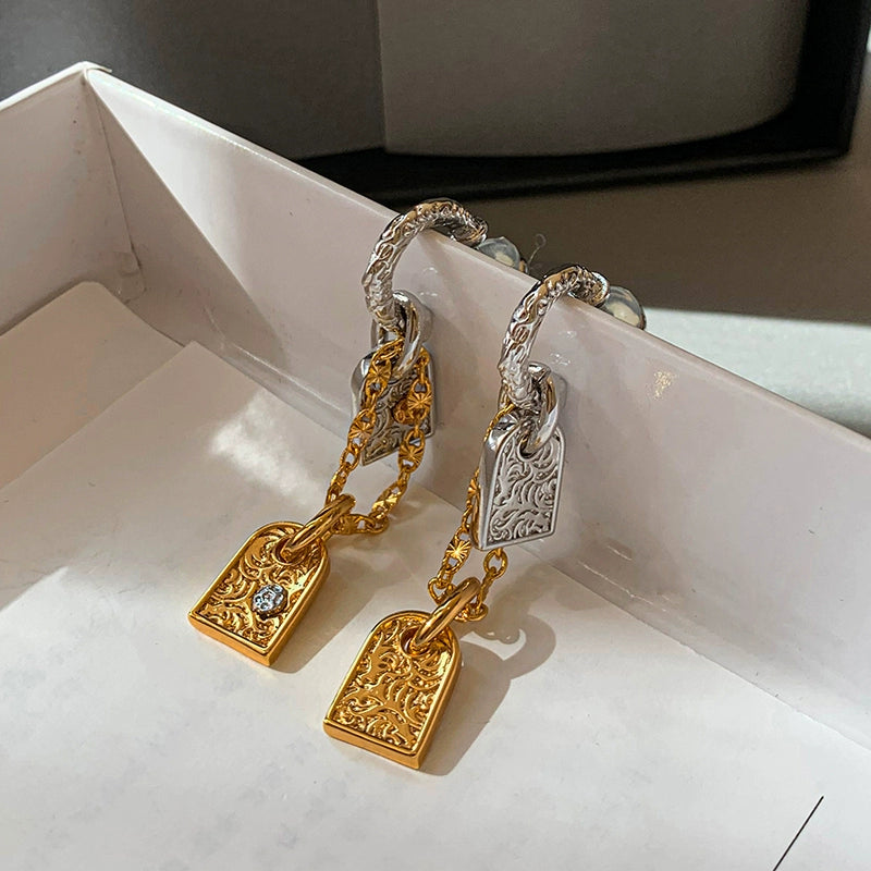 Unique design gold and silver contrasting color square brand long earrings women's square face shows their face small light luxury high-end new earrings earrings