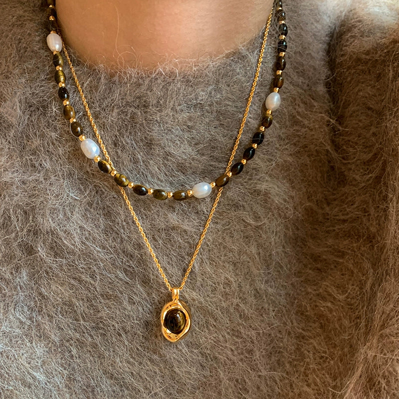 Maillard natural tiger's eye stone beaded pearl necklace women's high-end sweater accessories high-end 2025 new neck chain