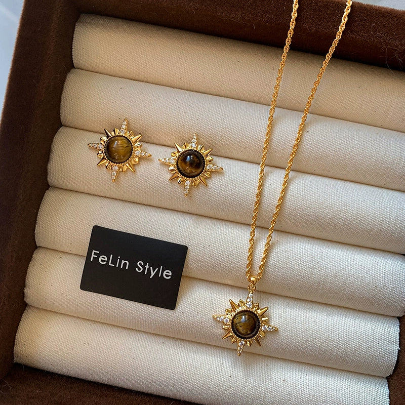 925 Silver Needle Natural Tiger's Eye Sun Flower Gold Stud Earrings Women's Premium Sense 2025 New Unique Earrings Earrings