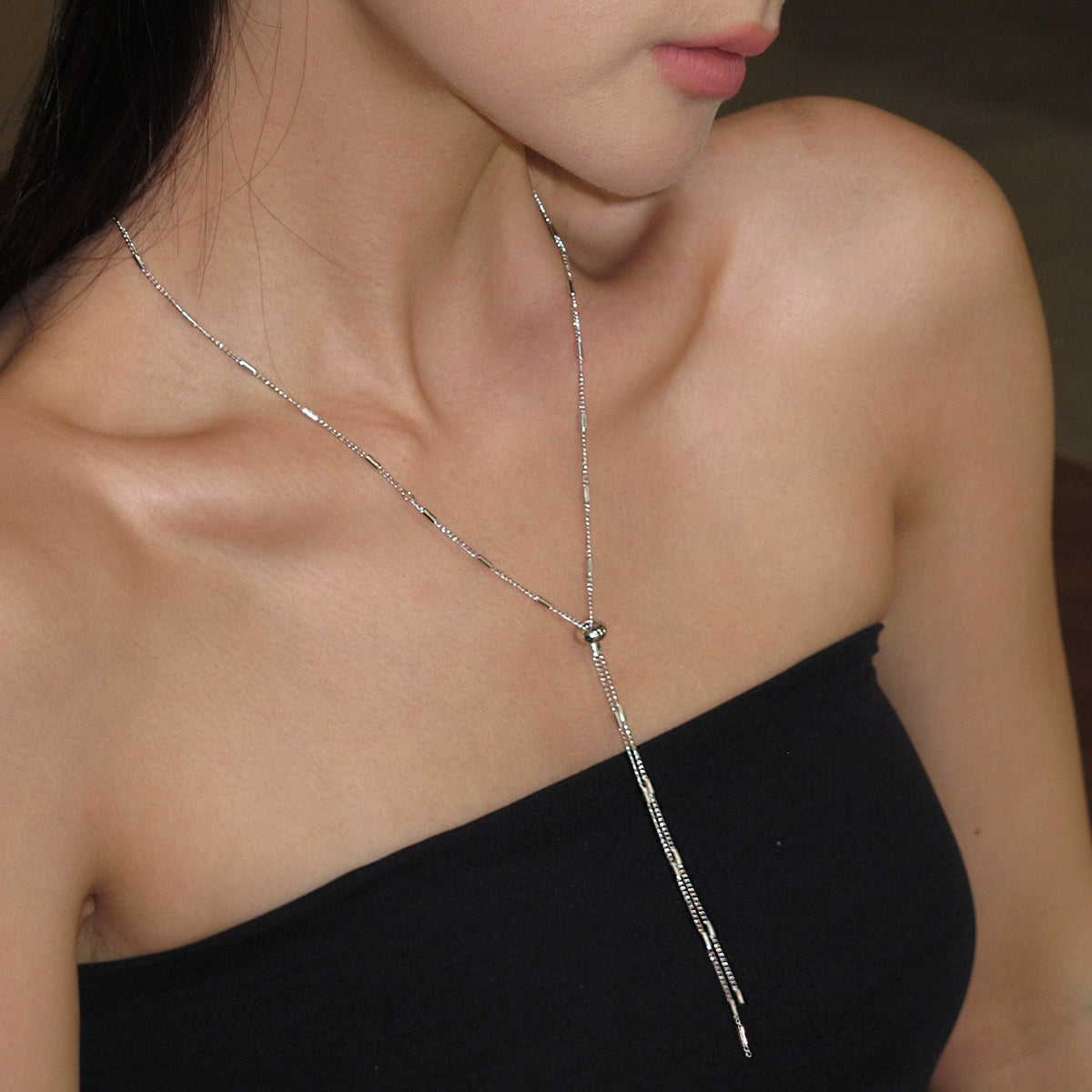 Pull adjustable long gold and silver metal plain chain necklace women's accessories summer light luxury niche premium collarbone chain