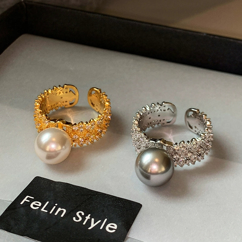 Wide version full diamond opening Australian white pearl ring women's fashion personality light luxury exquisite niche high sense adjustable