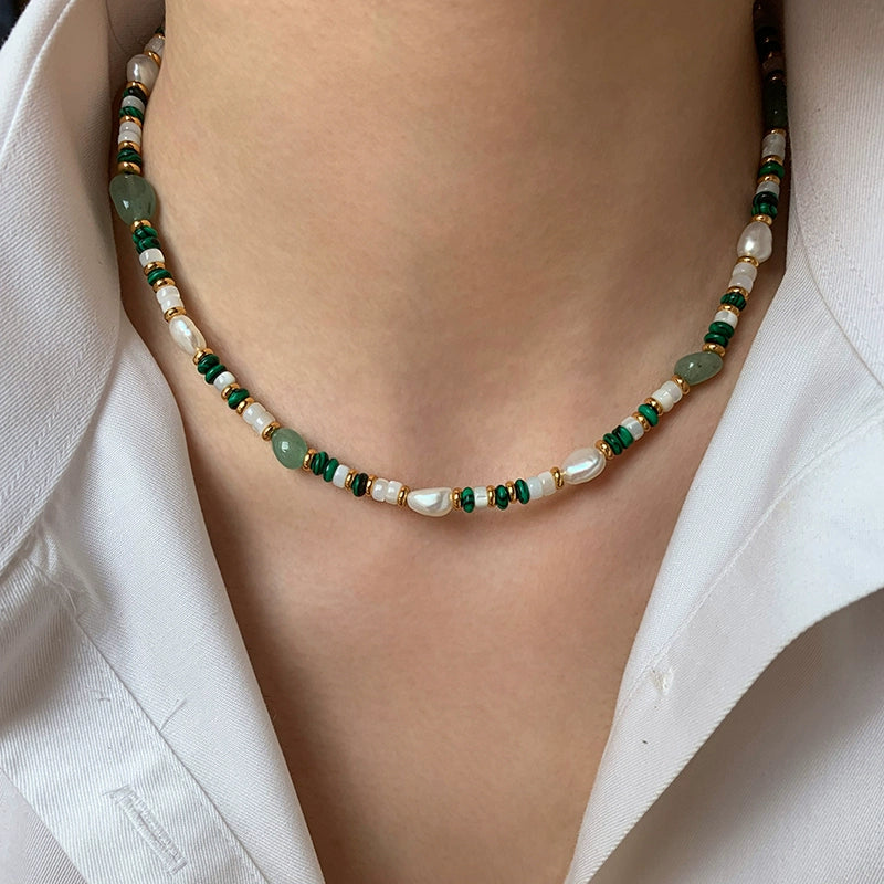 Natural pearl peacock stone green beaded necklace women's accessories light luxury niche 2025 new sweater chain neck chain