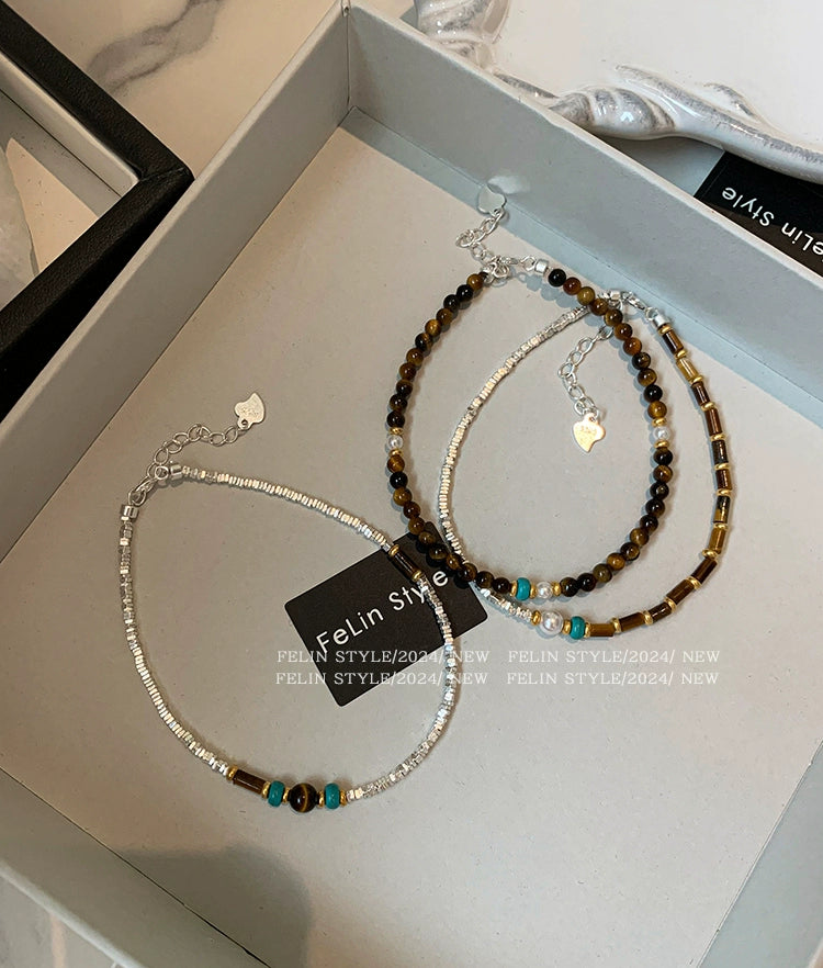 Sterling Silver Broken Silver Maillard Wear Natural Tiger's Eye Stone Bracelet Women's Light Luxury Niche Exquisite 2025 New Bracelet