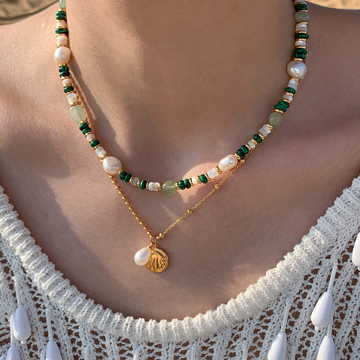 Natural pearl peacock stone green beaded necklace women's accessories light luxury niche 2025 new sweater chain neck chain