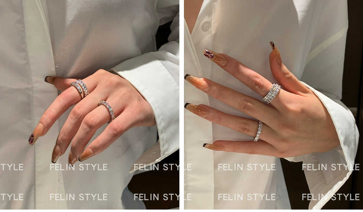 Super flash fire color broken diamond row diamond middle finger index finger ring women's light luxury niche design exquisite high sense 2025 new