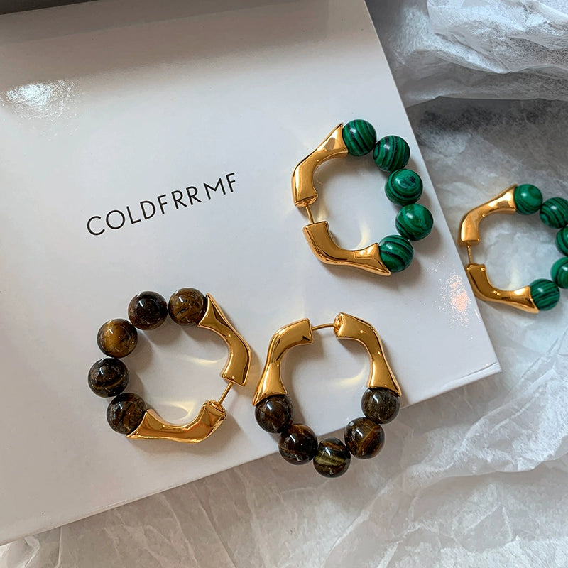 French retro natural malachite tiger's eye earrings women's niche design sense high-end unique earrings earrings earrings