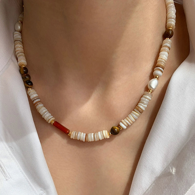 Natural freshwater pearl colored shell tiger's eye stone beaded necklace women's light luxury niche 2025 new sweater neck chain