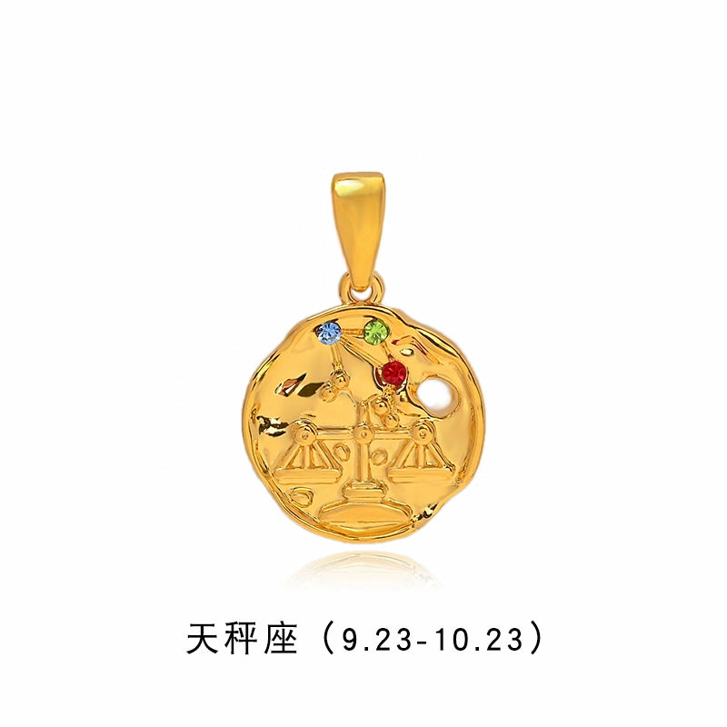 Twelve constellations gold coin pendant dopamine color beaded necklace women's summer accessories light luxury niche collarbone chain