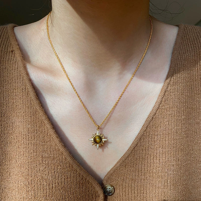 Natural Tiger's Eye Stone Necklace Women's High-end Long Sweater Chain Double Layer Stacked Wear Maillard Accessories Light Luxury Niche Premium