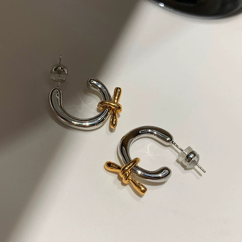 Gold and silver color matching bow C-shaped round earrings, earrings, women's niche design sense, advanced unique simple stud earrings, earrings