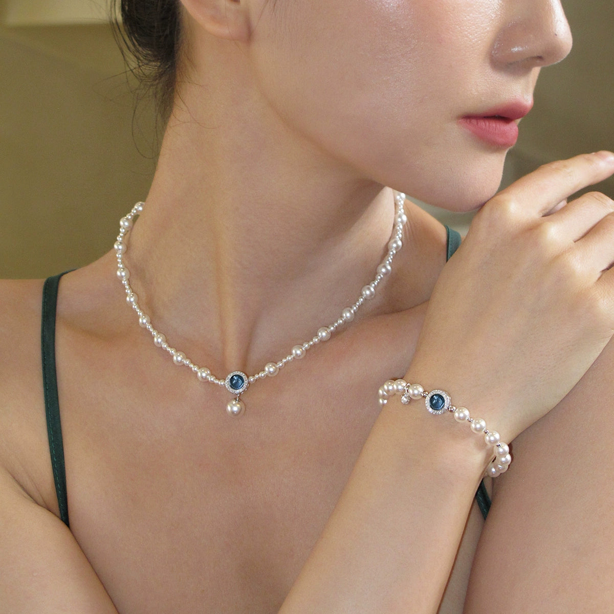 925 sterling silver aquamarine pearl bracelet women's summer light luxury exquisite fashion high-end vacation style jewelry