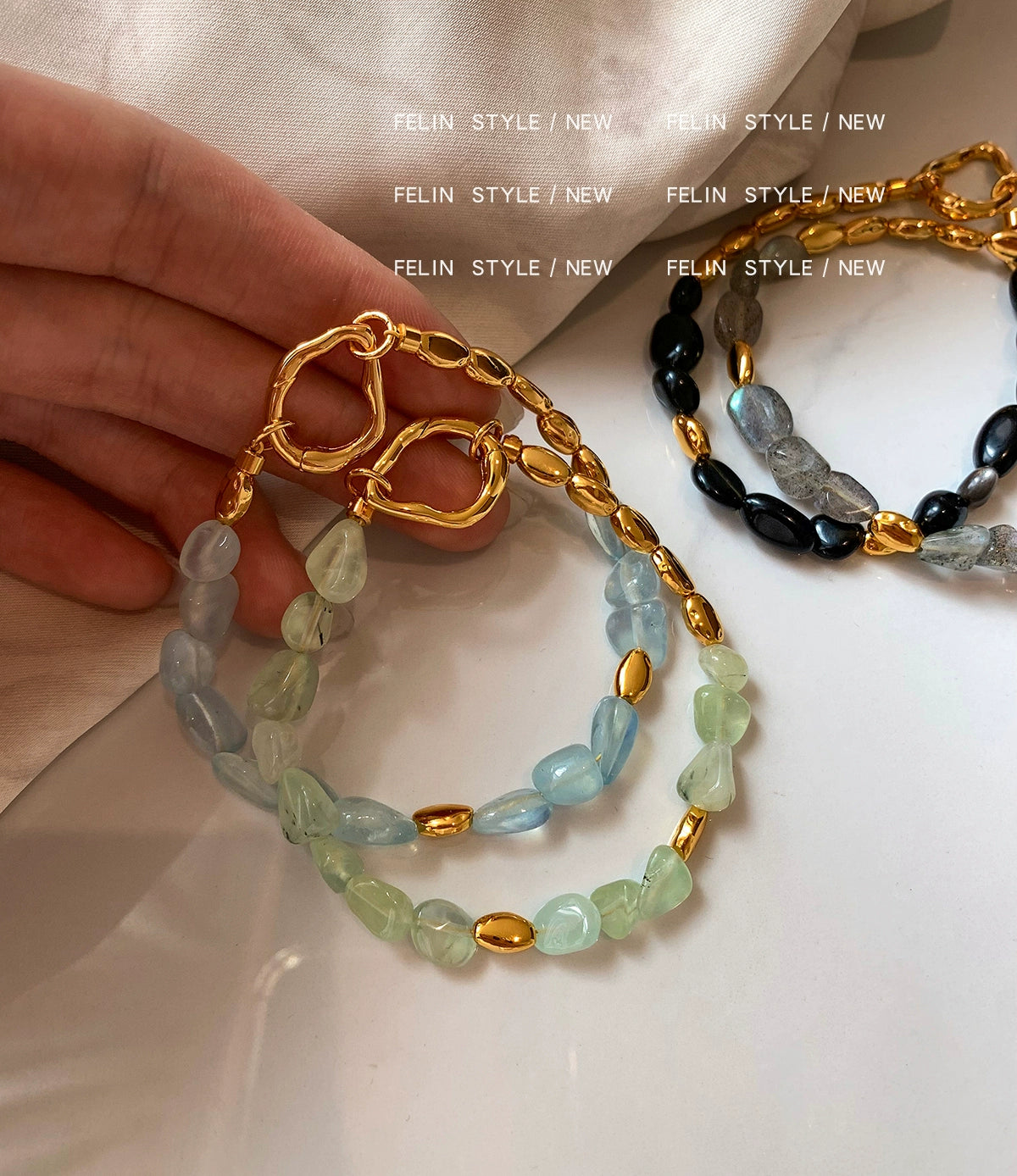 Powder spar metal Doudou bracelet women's summer light luxury niche exquisite fashion 2025 new beaded stone bracelet