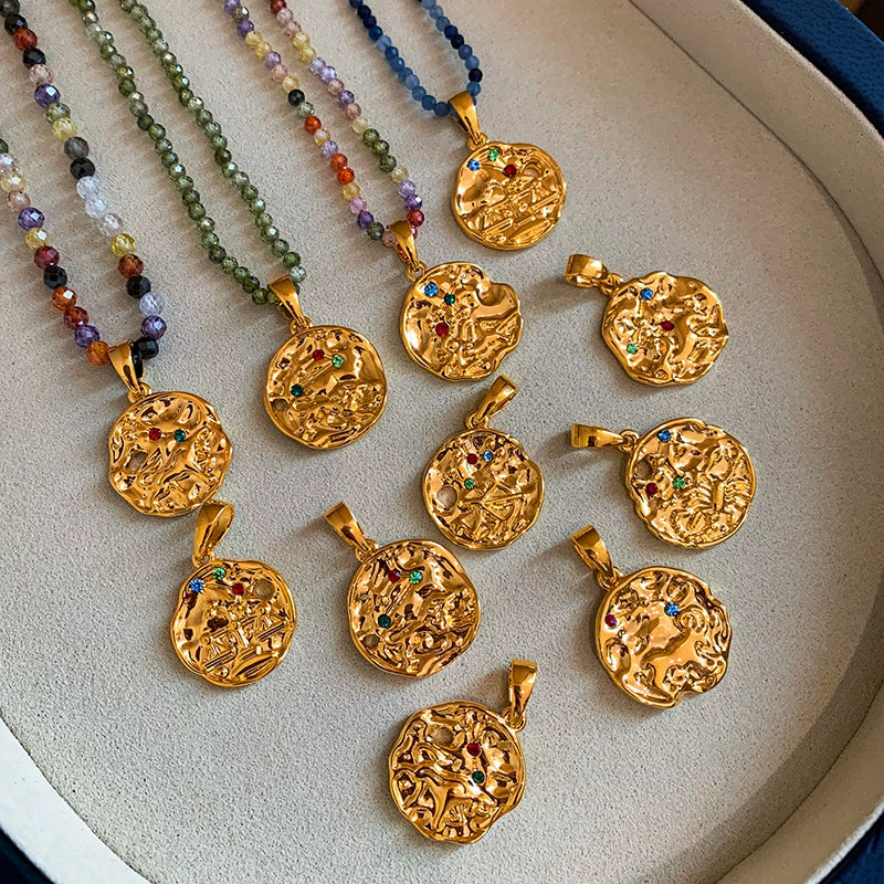 Twelve constellations gold coin pendant dopamine color beaded necklace women's summer accessories light luxury niche collarbone chain